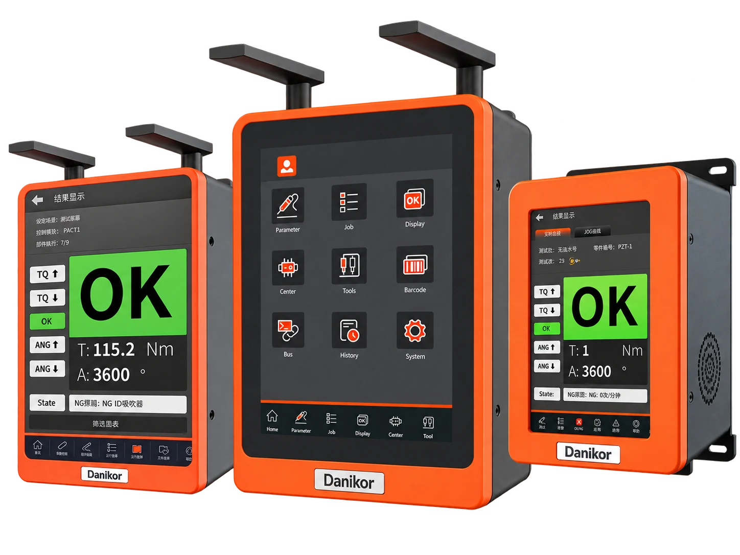 Controladores de torque Danikor serie CK con pantalla táctil y antenas Wi-Fi mostrando resultado de apriete OK
