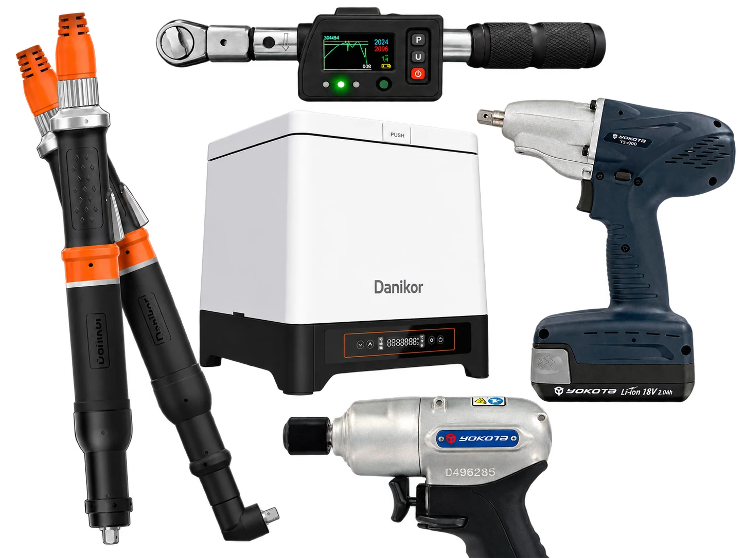 Herramientas de torque industrial: atornilladores eléctricos y alimentador de tornillos Danikor, torquímetro electrónico NovaTork y llaves de pulso Yokota a batería y neumática