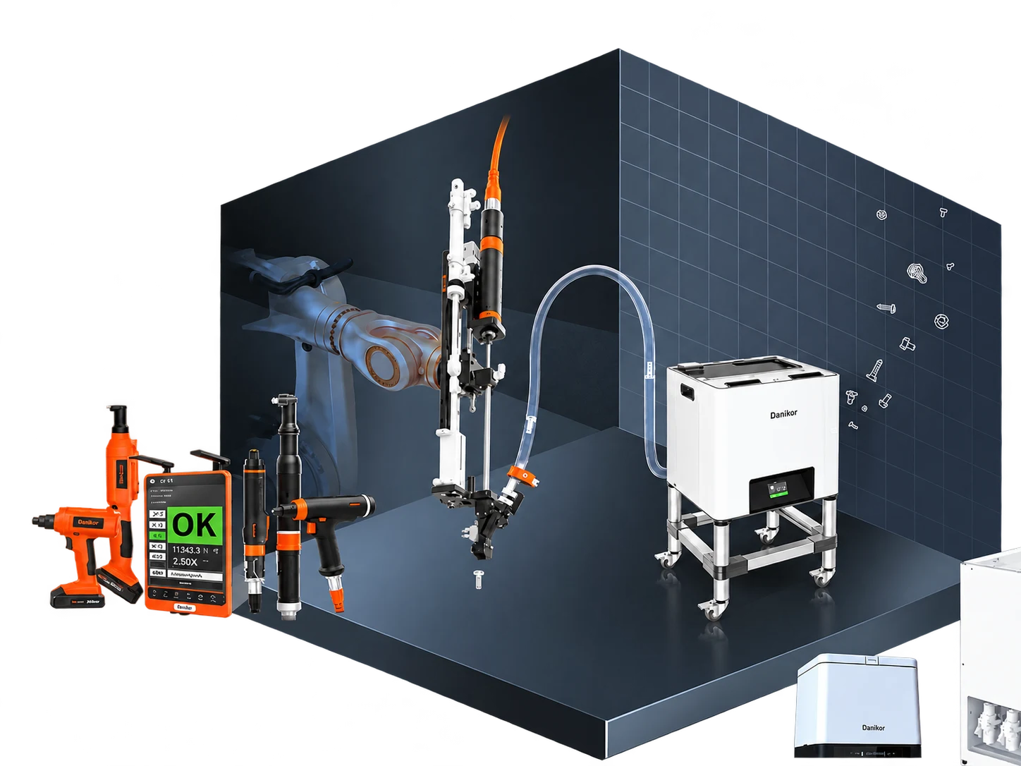 Servicios técnicos TMG: atornilladores, controlador y alimentador de tornillos Danikor integrados en una celda de ensamble automatizada