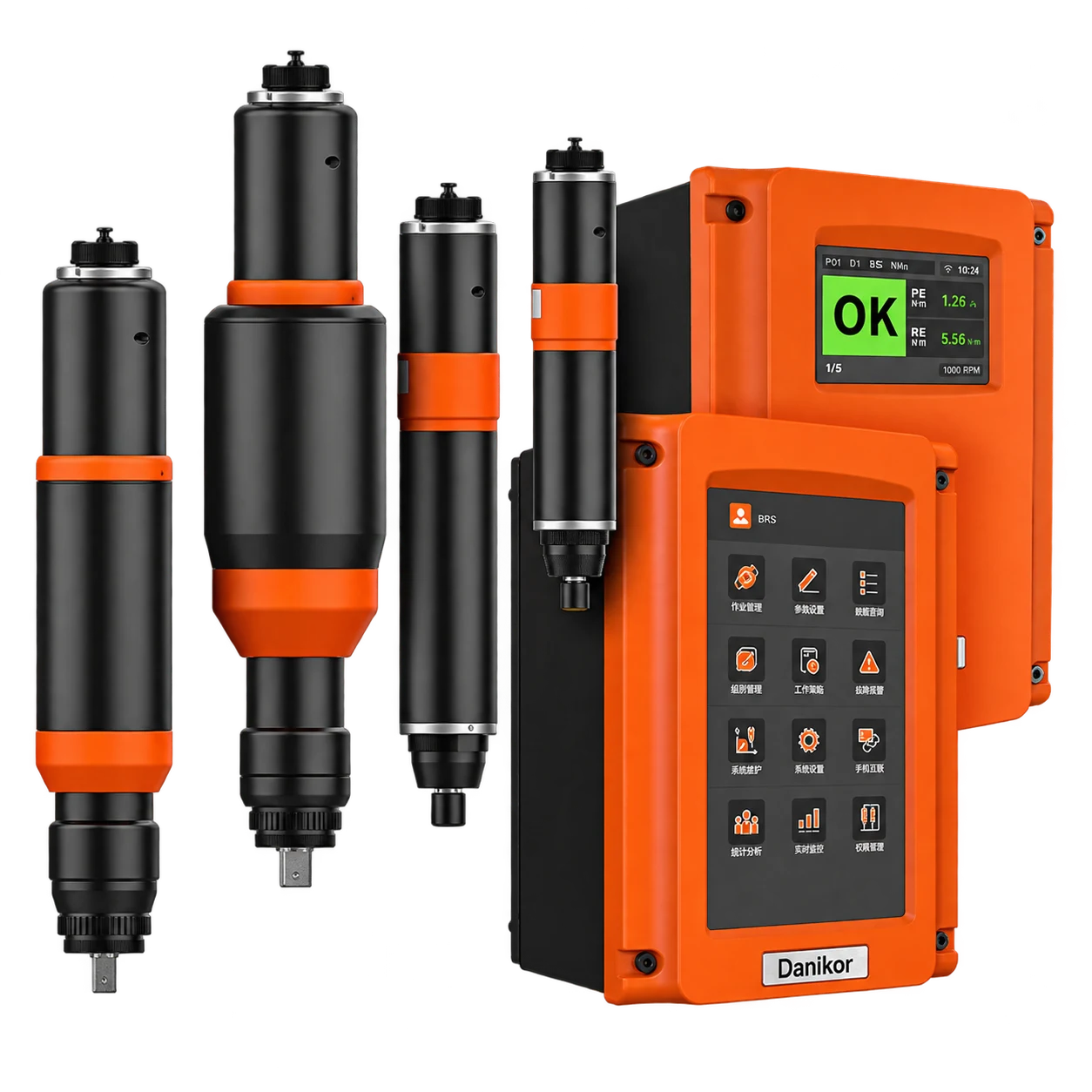 Atornilladores eléctricos Danikor con transductor y controladores de torque con pantalla mostrando resultado OK