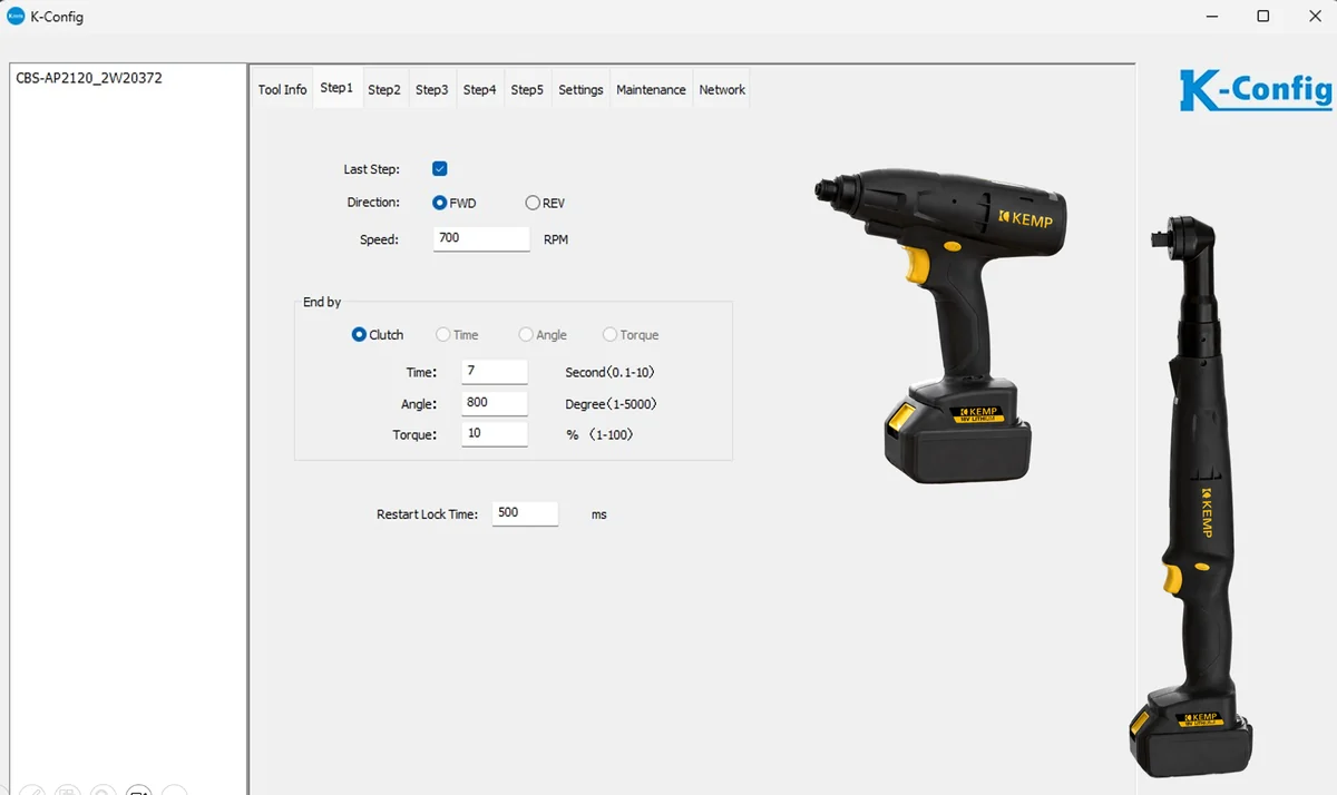 Software K-Config de KEMP programando un atornillador shut-off CBS