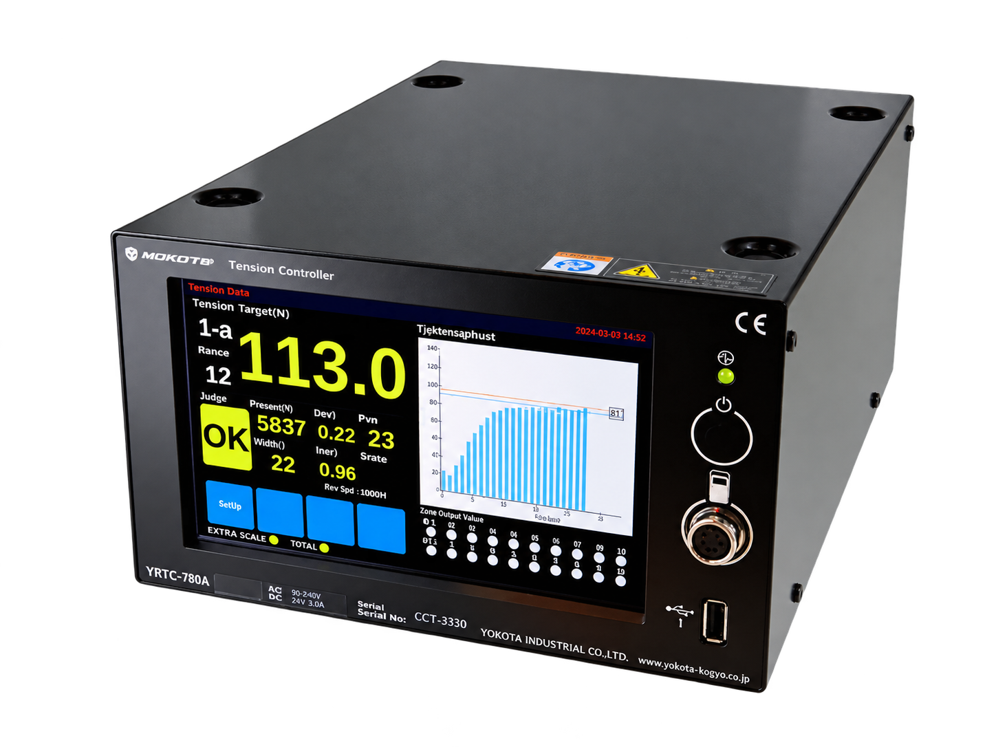 Controlador de apriete Yokota YETC con pantalla de resultados y curva de torque